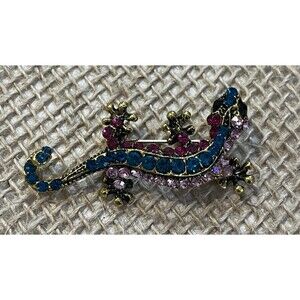 VTG Green Blue Rhinestone Brooch Pin Lizard Salamander A/B Gold Tone Whimsical